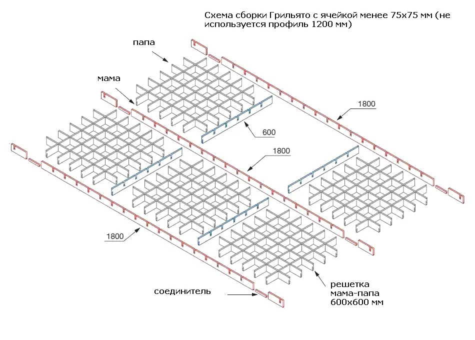 Подробная схема монтажа Грильято с ячейкой менее 75х75 мм