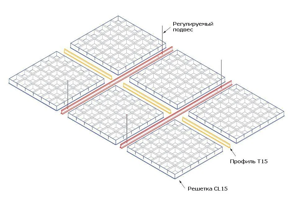 Схема монтажа Грильято GL15 и Грильято CELLIO на стандартную потолочную подвесную систему Т15