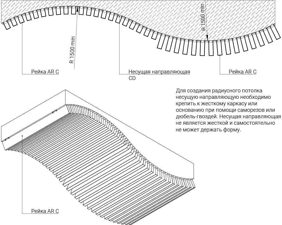 Радиусный монтаж на несущую направляющую CD