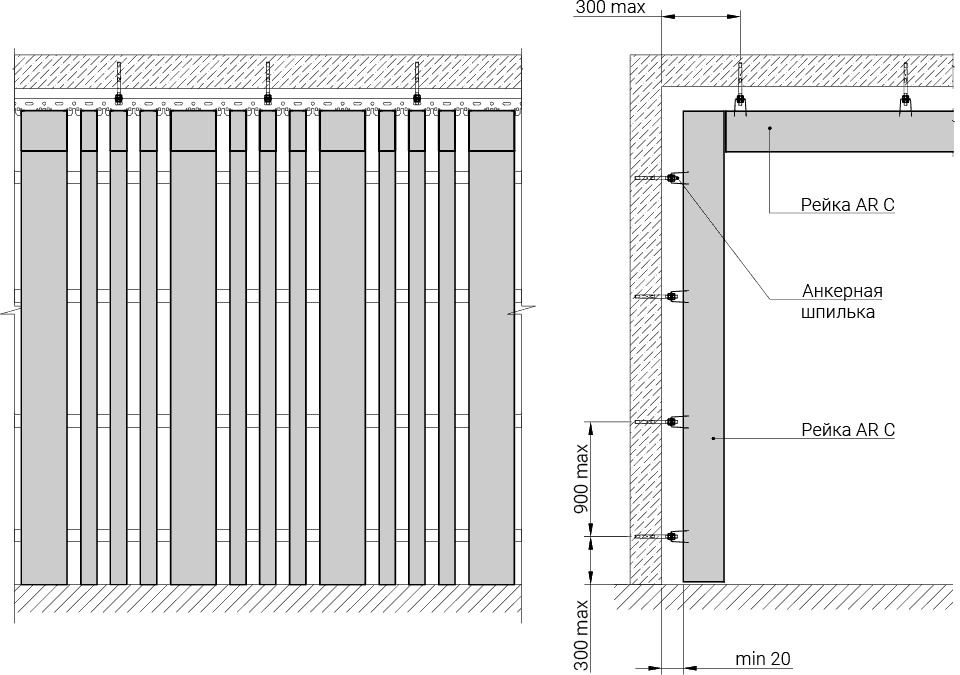 Монтаж с переходом с плоскости потолка на стену